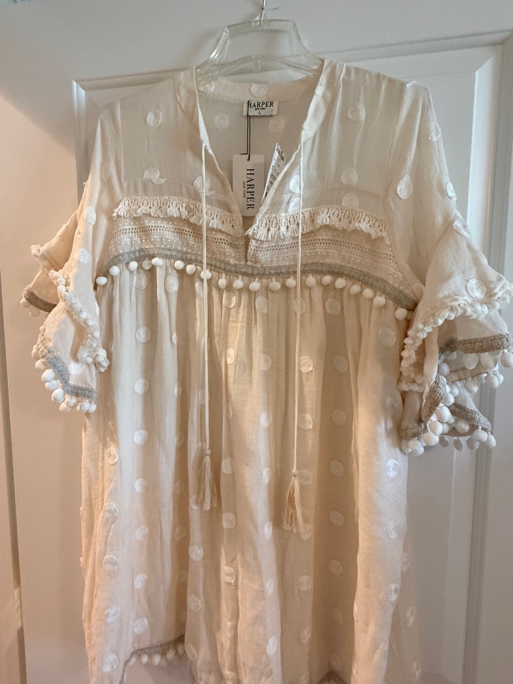 Harper Cream Polka Dot Mini Dress with Pom Pom Trim